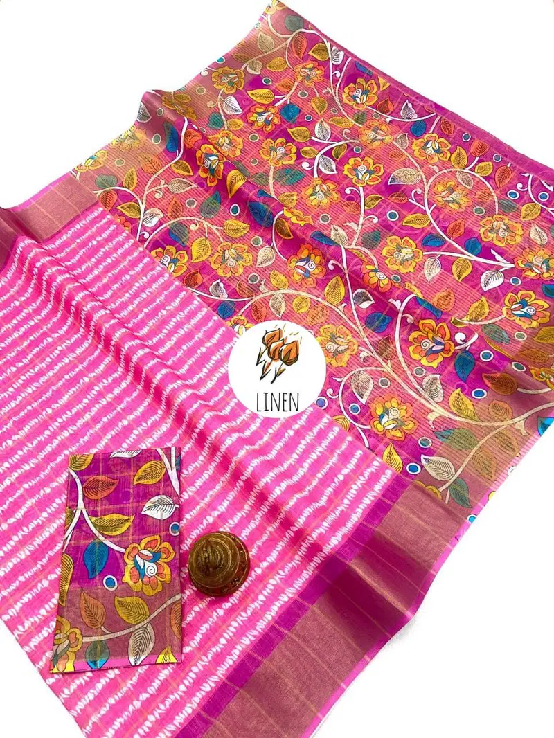 MG 526 Linen With Gold Digital Printed Surat Saree Wholesale Market